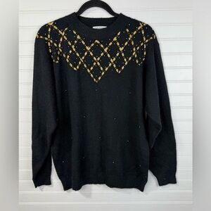 Koret vintage women’s Black & Gold Sweater with criss cross ribbons. Size Large